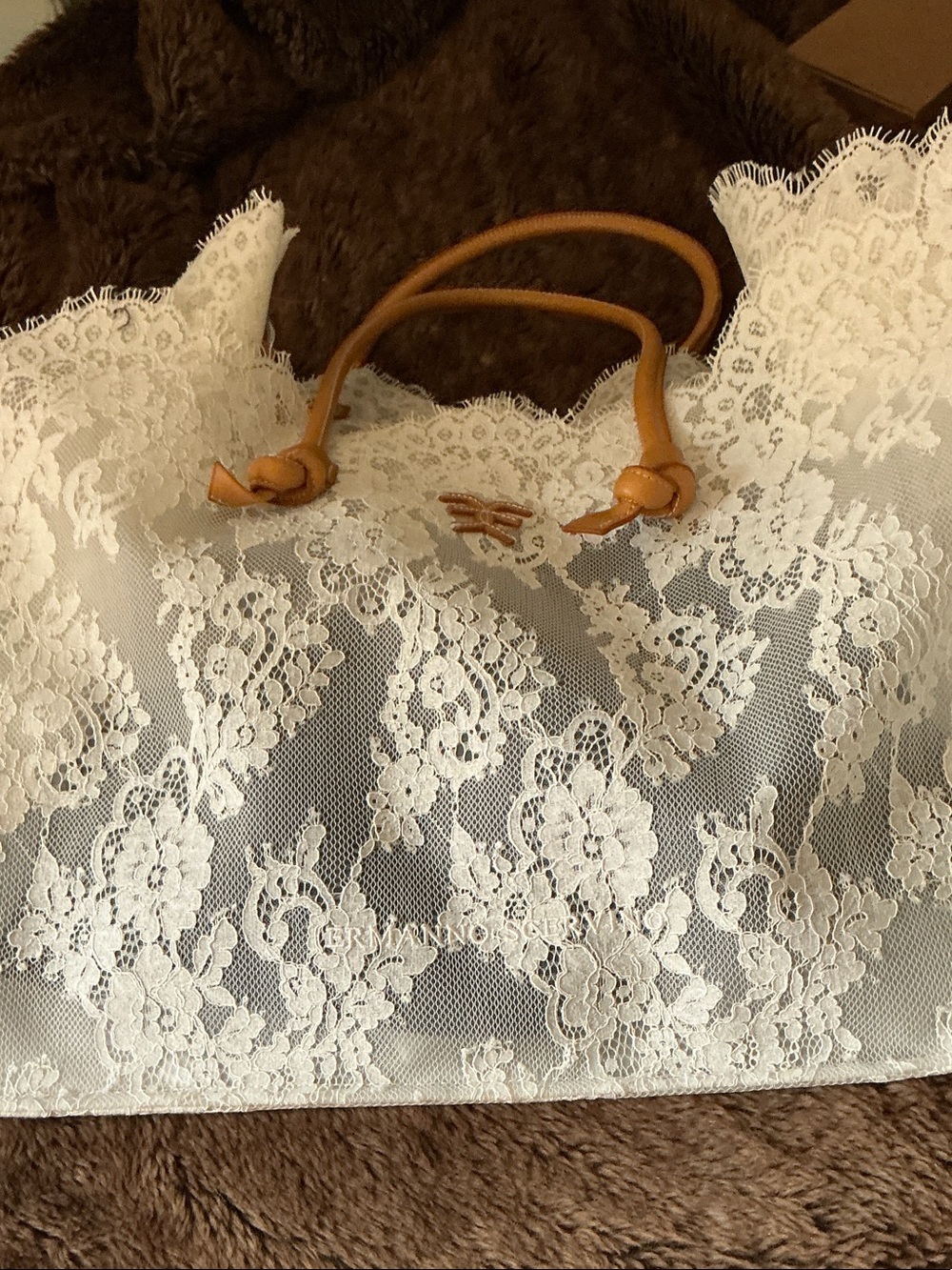NEW HUGE ERMANNO SCERVINO WHITE LACE BAG WITH BROWN LEATHER HANDLES. RARE